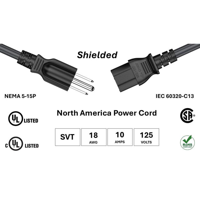 SHLD CRD NEMA5-15P/C13 18AWG 12'