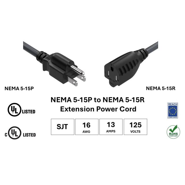EXTE PWR CRD 5-15P/15R 16AWG 12'