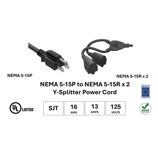 PWR Y-CBL NEMA5-15P/5-15R x2 14"